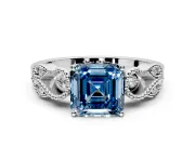 Leaf Engagement Ring Setting for Fancy Blue Asscher Cut Center with Milgrain Accent Band and Prong Head in White Gold
