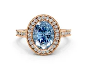 Halo Engagement Ring Setting for Fancy Blue Oval Center with Milgrain Pave Band and Bezel Head in Rose Gold