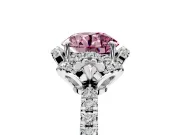 Halo Engagement Ring Setting for Fancy Pink Round Cut Center with Openwork Halo, Pave Band and Prong Head in Platinum