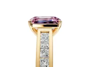 Solitaire Engagement Ring Setting for Fancy Pink Emerald Cut Center with Princess Cut Channel Band and Prong Head in Yellow Gold