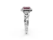Halo Engagement Ring Setting for Fancy Pink Emerald Cut Center with Open Scroll Shoulders and Prong Head in Platinum