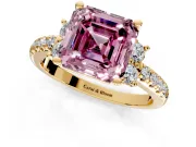 Paired Accent Engagement Ring Setting for Fancy Pink Asscher Cut Center with Pave Band and Prong Head in Yellow Gold
