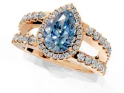 Halo Engagement Ring Setting for Fancy Blue Pear-Shaped Center with Wide-Open Pave Split Shank and Prong Head in Rose Gold