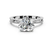Solitaire Engagement Ring Setting for Heart-Shaped Center with Engraved Milgrain Band and Prong Head in Sterling Silver