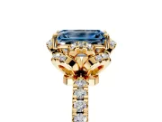 Halo Engagement Ring Setting for Fancy Blue Emerald Cut Center with Openwork Halo, Pave Band and Prong Head in Yellow Gold