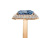 Halo Engagement Ring Setting for Fancy Blue Radiant Cut Center with Plain Tapered Band and Prong Head in Rose Gold