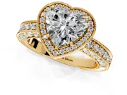 Milgrain Halo Engagement Ring Setting for Heart-Shaped Center with Wide Pave Band and Prong Head in Yellow Gold