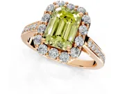 Floral Halo Engagement Ring Setting for Fancy Yellow Emerald Cut Center with Large Halo Accents and Prong Head in Rose Gold