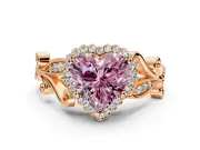 Halo Engagement Ring Setting for Fancy Pink Heart-Shaped Center with Leaf Motif Split Shank and Prong Head in Rose Gold