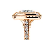 Halo Engagement Ring Setting for Princess Cut Center with Milgrain Frame, Pave Band and Prong Head in Rose Gold