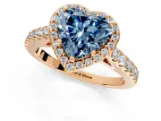 Halo Engagement Ring Setting for Fancy Blue Heart-Shaped Center with Full Pave Band and Prong Head in Rose Gold