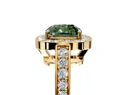 Bezel-Framed Halo Engagement Ring Setting for Fancy Green Cushion Cut Center with Pave Band and Prong Head in Yellow Gold