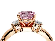 3 Stone Engagement Ring Setting for Fancy Pink Cushion Cut Center with Wide Plain Band and Prong Head in Rose Gold
