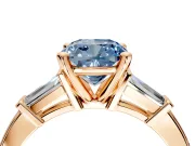 3 Stone Engagement Ring Setting for Fancy Blue Cushion Cut Center with Channel Baguette Accents and Prong Head in Rose Gold