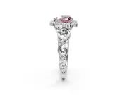 Halo Engagement Ring Setting for Fancy Pink Heart-Shaped Center with Open Scroll Shoulders and Prong Head in White Gold