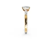 3 Stone Engagement Ring Setting for Radiant Cut Center with Tapered Baguettes, Plain Band and Prong Head in Yellow Gold