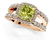 Halo Engagement Ring Setting for Fancy Yellow Cushion Cut Center with Wide-Open Pave Split Shank and Prong Head in Rose Gold