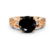 Leaf Engagement Ring Setting for Fancy Black Round Cut Center with Milgrain Accent Band and Prong Head in Rose Gold