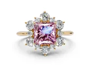 Small-Accent Cluster Halo Engagement Ring Setting for Fancy Pink Princess Cut Center with Plain Band and Prong Head in Yellow Gold