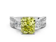 3 Stone Engagement Ring Setting for Fancy Yellow Radiant Cut Center with Pave Twist Band and Prong Head in White Gold