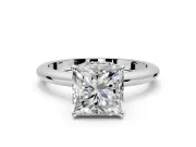 Hidden Halo Engagement Ring Setting for Princess Cut Center with Plain Rounded Band and Prong Head in Sterling Silver
