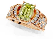 Pave Engagement Ring Setting for Fancy Yellow Emerald Cut Center with Curved Accent Rows, Openwork and Prong Head in Rose Gold