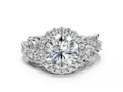 Milgrain Halo Engagement Ring Setting for Round Cut Center with Shoulder Bezels and Prong Head in Sterling Silver