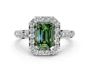 Halo Engagement Ring Setting for Fancy Green Emerald Cut Center with Heart-Shaped Openwork, Pave Band and Prong Head in Sterling Silver