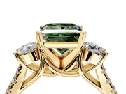3 Stone Engagement Ring Setting for Fancy Green Princess Cut Center with Crossover Basket, Pave Band and Prong Head in Yellow Gold