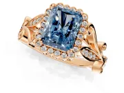 Halo Engagement Ring Setting for Fancy Blue Radiant Cut Center with Leaf Motif Split Shank and Prong Head in Rose Gold