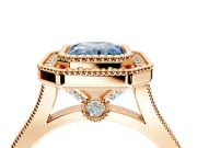 Halo Engagement Ring Setting for Fancy Blue Radiant Cut Center with Milgrain Frame, Pave Band and Prong Head in Rose Gold