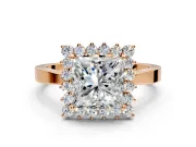 Starburst Halo Engagement Ring Setting for Princess Cut Center with Flat Cathedral Band and Prong Head in Rose Gold