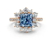 Floral Halo Engagement Ring Setting for Fancy Blue Princess Cut Center with Pave Accents and Prong Head in Rose Gold
