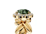 Halo Engagement Ring Setting for Fancy Green Round Cut Center with Floral Band and Prong Head in Yellow Gold