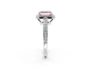 Bezel-Framed Halo Engagement Ring Setting for Fancy Pink Asscher Cut Center with Pave Band and Prong Head in White Gold