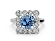 Cluster Halo Engagement Ring Setting for Fancy Blue Cushion Cut Center with Milgrain Bezel Accents and Prong Head in Platinum