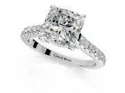 Solitaire Engagement Ring Setting for Cushion Cut Center with Widening Pave Band and Claw Prong Head in Platinum