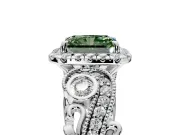 Milgrain Halo Engagement Ring Setting for Fancy Green Radiant Cut Center with Shoulder Bezels and Prong Head in Sterling Silver