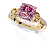 Leaf Motif Engagement Ring Setting for Fancy Pink Cushion Cut Center with Pave Band and Prong Head in Yellow Gold