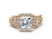 Milgrain Halo Engagement Ring Setting for Princess Cut Center with Shoulder Bezels and Prong Head in Rose Gold