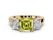 3 Stone Engagement Ring Setting for Fancy Yellow Asscher Cut Center with Raised Basket Heads and Prong Head in Yellow Gold