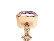 Milgrain Bezel Engagement Ring Setting for Fancy Pink Asscher Cut Center with Marquise Stations and Bezel Head in Rose Gold