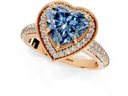Milgrain Halo Engagement Ring Setting for Fancy Blue Heart-Shaped Center with Three-Sided Pave Band and Prong Head in Rose Gold