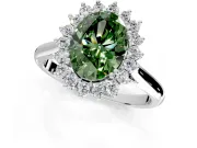 Starburst Halo Engagement Ring Setting for Fancy Green Oval Center with Thin Round-Wire Band and Prong Head in Platinum