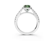 Halo Engagement Ring Setting for Fancy Green Cushion Cut Center with Full Pave Band and Prong Head in White Gold