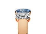 3 Stone Engagement Ring Setting for Fancy Blue Radiant Cut Center with Raised Basket Heads and Prong Head in Rose Gold
