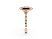 Halo Engagement Ring Setting for Fancy Pink Asscher Cut Center with Milgrain Frame, Pave Band and Prong Head in Rose Gold