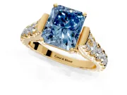 Solitaire Engagement Ring Setting for Fancy Blue Radiant Cut Center with Pave Cathedral Shoulders and Prong Head in Yellow Gold