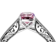 Solitaire Engagement Ring Setting for Fancy Pink Emerald Cut Center with Engraved Pave Band and Prong Head in Sterling Silver
