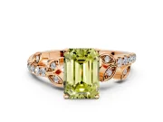 Leaf Motif Engagement Ring Setting for Fancy Yellow Emerald Cut Center with Pave Band and Prong Head in Rose Gold
